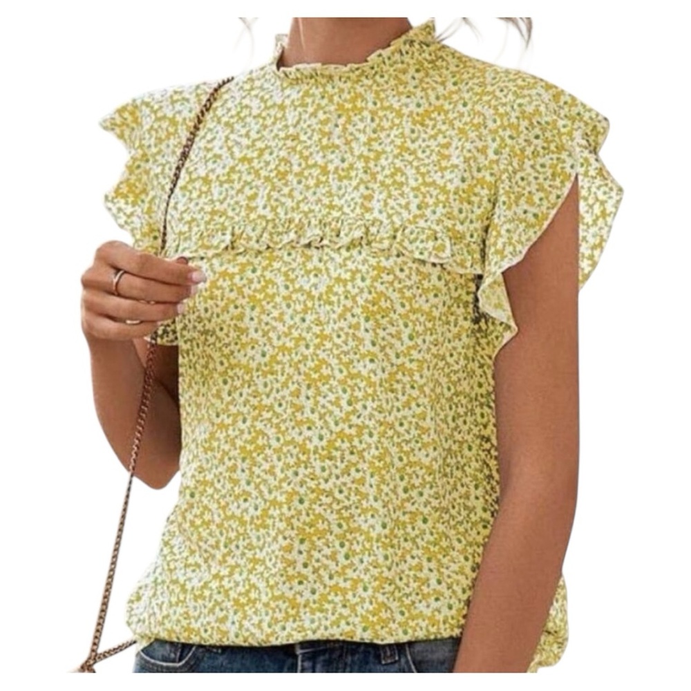 Cinnie Yellow Green White Floral Print Blouse Ruffle Cap Sleeves Large 🌼